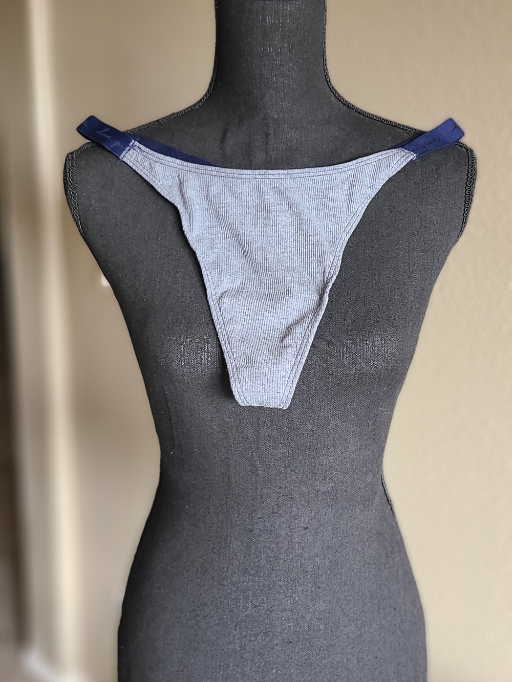 PINK Victoria's Secret Grey Ribbed Thong with Navy Waistband